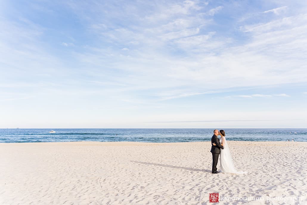 Lavallette, New Jersey street wedding portrait bride and groom, Kyo Morishima Photography beach wave ocean hug kiss