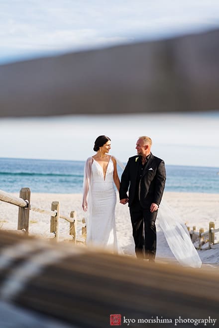 Lavallette, New Jersey street wedding portrait bride and groom, Kyo Morishima Photography beach wave ocean holding hands walking