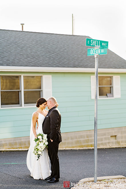Lavallette, New Jersey street wedding portrait bride and groom, Kyo Morishima Photography sign ocean shell