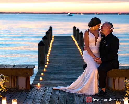 Lavallette, Ocean Beach & Yacht Club, sunset dusk bride and groom wedding portrait sitting kiss Kyo Morishima Photography
