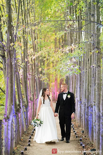 Rat's Restaurant, Grounds for Sculpture, outdoor fall dusk wedding portrait, bride and groom walk white oak tree path