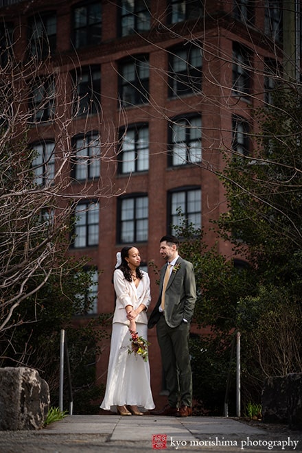 Vinegar Hill House, Dumbo Brooklyn, NYC, bride and groom, newlyweds outdoor street portrait at Brooklyn Bridge Park