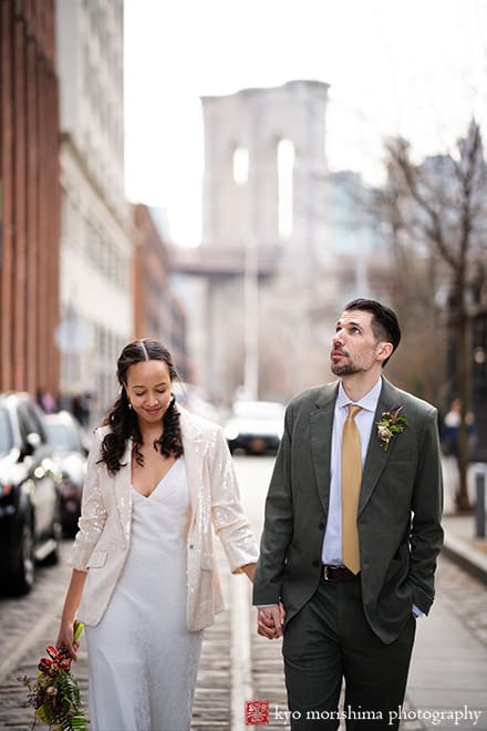 Vinegar Hill House, Dumbo Brooklyn, NYC, bride and groom, newlyweds outdoor portrait cobblestone train track street in front of Brooklyn Bridge