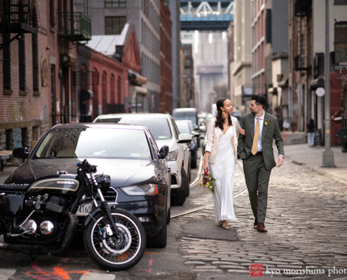Vinegar Hill House, Dumbo Brooklyn, NYC, bride and groom, newlyweds outdoor portrait cobblestone street with motorcycle