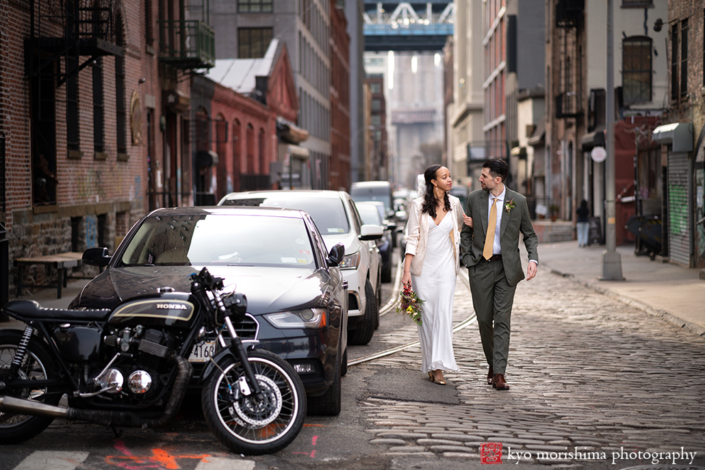 Vinegar Hill House, Dumbo Brooklyn, NYC, bride and groom, newlyweds outdoor portrait cobblestone street with motorcycle