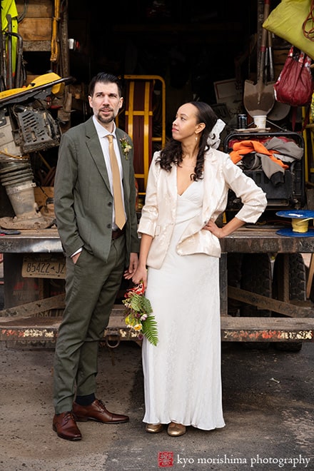 Vinegar Hill House, Dumbo Brooklyn, NYC, bride and groom, newlyweds outdoor portrait in front of utility work track