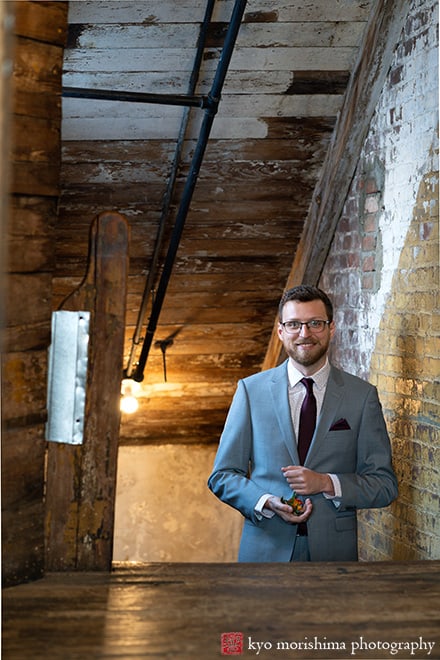 Brooklyn, Greenpoint Loft, spring, wedding, bride and groom, first look, rustic, warehouse, wooden stairs