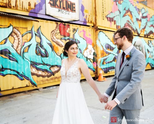 Brooklyn, Greenpoint Loft, spring, wedding, portrait, bride and groom, graffiti, shipping container, holding hands, walking