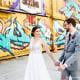 Brooklyn, Greenpoint Loft, spring, wedding, portrait, bride and groom, graffiti, shipping container, holding hands, walking