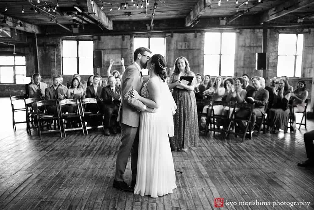Brooklyn, Greenpoint Loft, spring, wedding, portrait, bride and groom, rustic, warehouse, ceremony, black and white, b/w, kiss