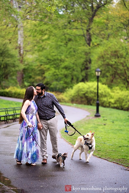 Central Park, Manhattan Bride, NYC, engagement portrait, spring, dog, woods
