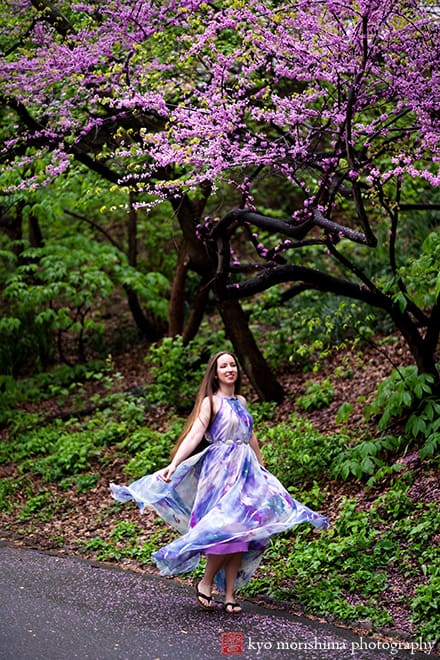 Central Park; Manhattan Bride, NYC, The Pool, engagement portrait, spring, bride girl dance spin twirl