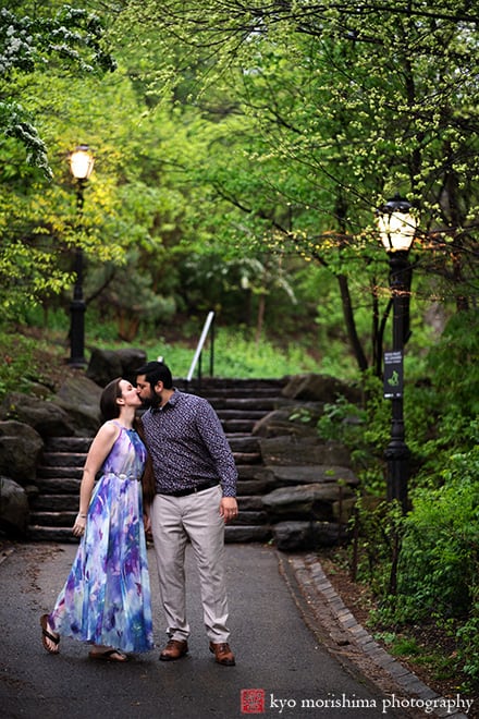 Central Park; Manhattan Bride, NYC, The Pool, engagement portrait, spring couple kiss street lights