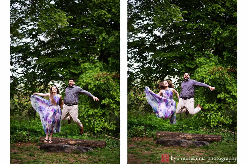 Central Park; Manhattan Bride, NYC, The Pool, engagement portrait, spring couple jump fun