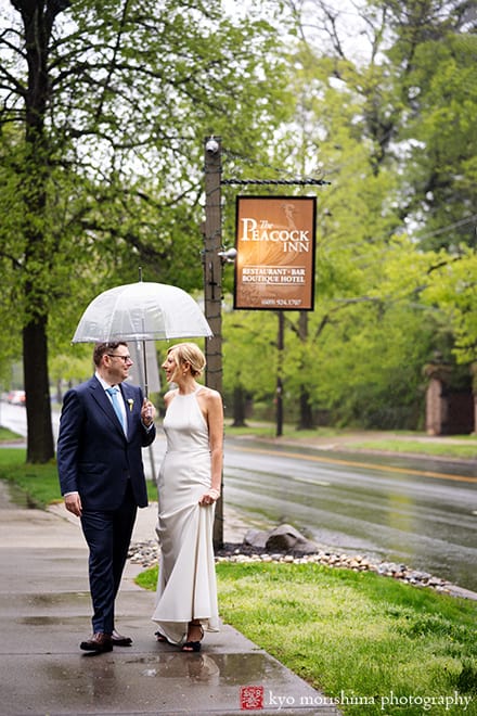 bride and groom, outdoor, portrait, restaurant, Princeton, NJ, wedding, rainy day, smiling, newlyweds, couple, umbrella, Peacock Inn, Perch