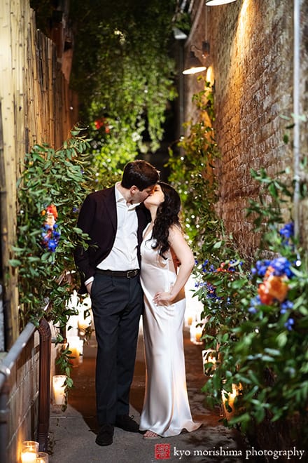 NYC wedding Roberta's pizza restaurant bride and groom night portrait spring outdoor street alley way kiss