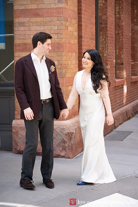 NYC wedding Tribeca wedding spring bride groom street portrait smiling holding hands