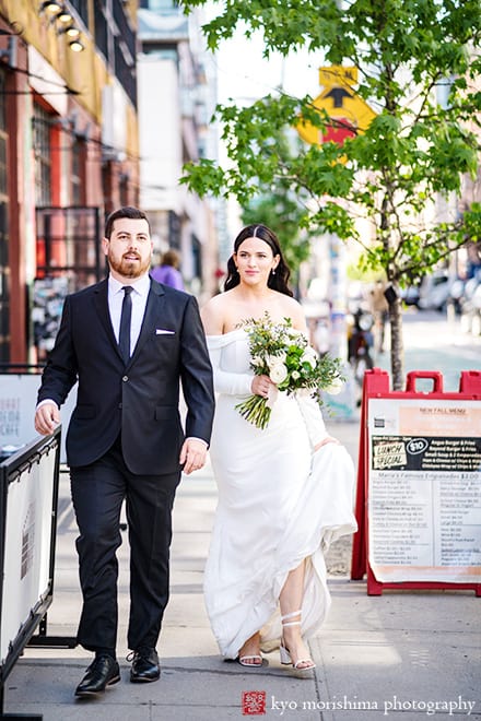 rustic, spring, wedding, Brooklyn, Greenpoint Loft, Kyo Morishima Photography, NYC, street portrait kiss elevator bride and groom newlyweds smile