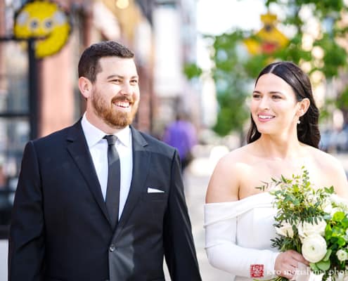 rustic, spring, wedding, Brooklyn, Greenpoint Loft, Kyo Morishima Photography, NYC, street portrait kiss elevator bride and groom newlyweds smile