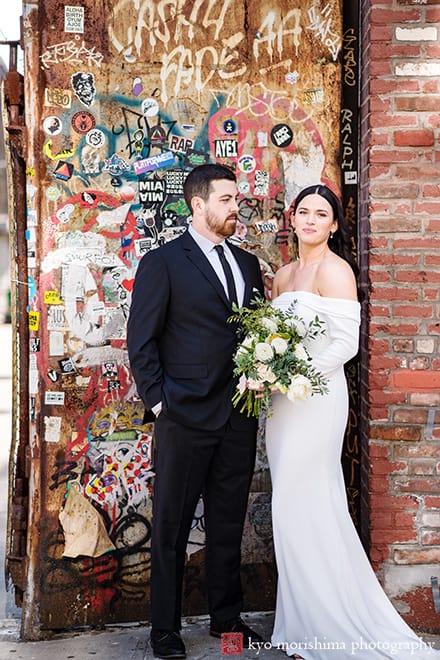 rustic, spring, wedding, Brooklyn, Greenpoint Loft, Kyo Morishima Photography, NYC, street portrait kiss elevator bride and groom newlyweds