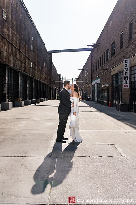 rustic, spring, wedding, Brooklyn, Greenpoint Loft, Kyo Morishima Photography, NYC, portrait kiss elevator bride and groom newlyweds street kiss