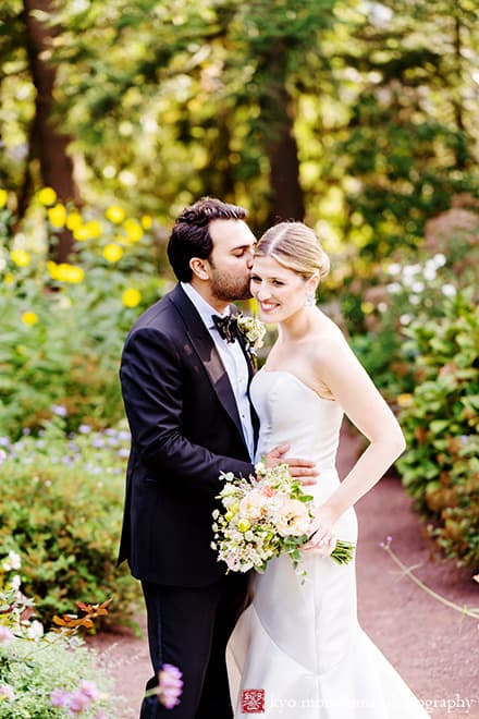 Bride and Groom newlyweds outdoor portrait kiss at wedding at Princeton Prospect House & Garden NJ