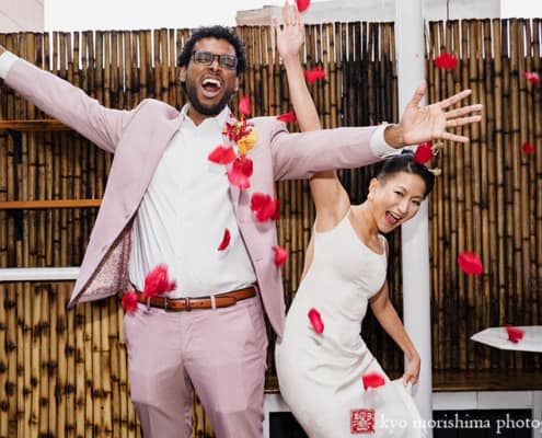 multiracial couple Brooklyn NYC wedding, Midnights Bar bride and groom fun yay celebration cheer