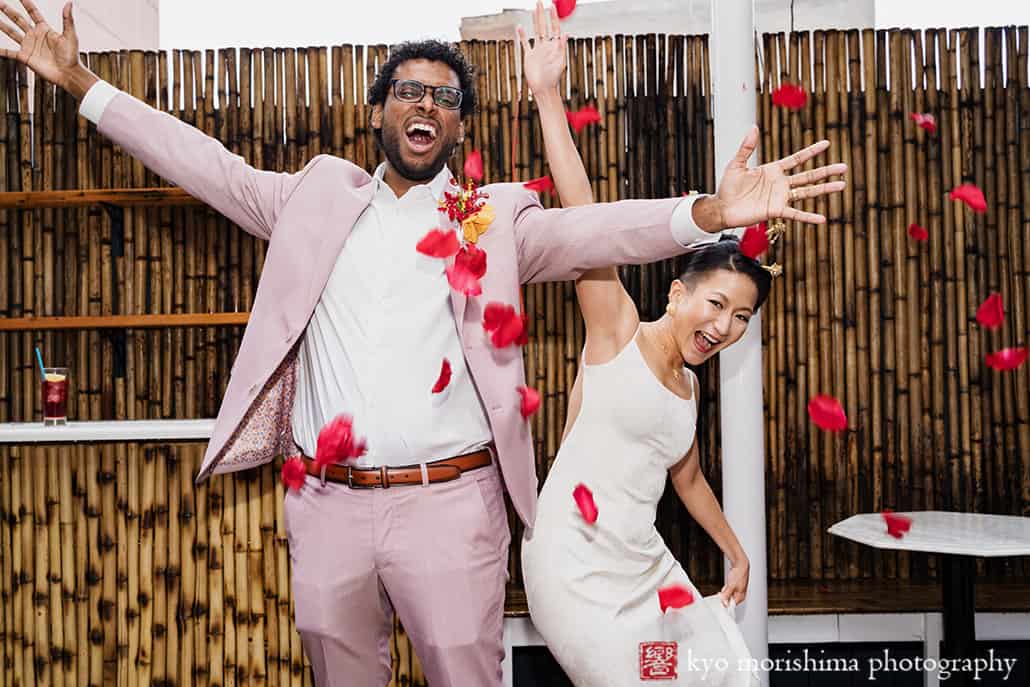 multiracial couple Brooklyn NYC wedding, Midnights Bar bride and groom fun yay celebration cheer