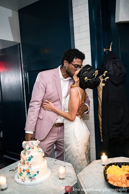multiracial couple Brooklyn NYC wedding, Midnights Bar adybird Bakery wedding cake cut bride and groom