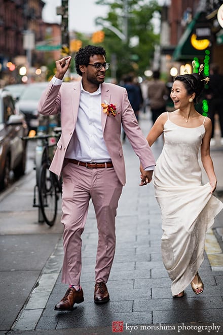multiracial couple Brooklyn NYC wedding, Midnights Bar bride and groom street portrait dusk