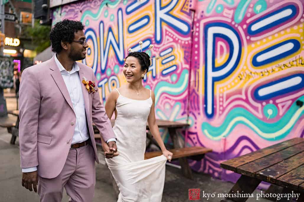 multiracial couple Brooklyn NYC wedding, Midnights Bar bride and groom street portrait