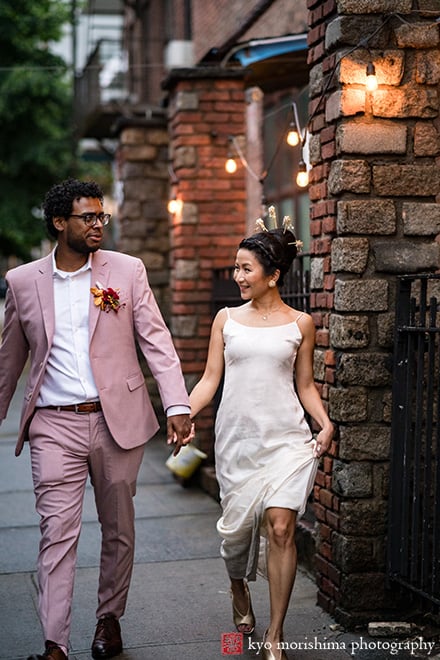 multiracial couple Brooklyn NYC wedding, Midnights Bar bride and groom street portrait dusk