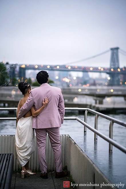 multiracial couple Brooklyn NYC wedding, Midnights Bar bride and groom street portrait night