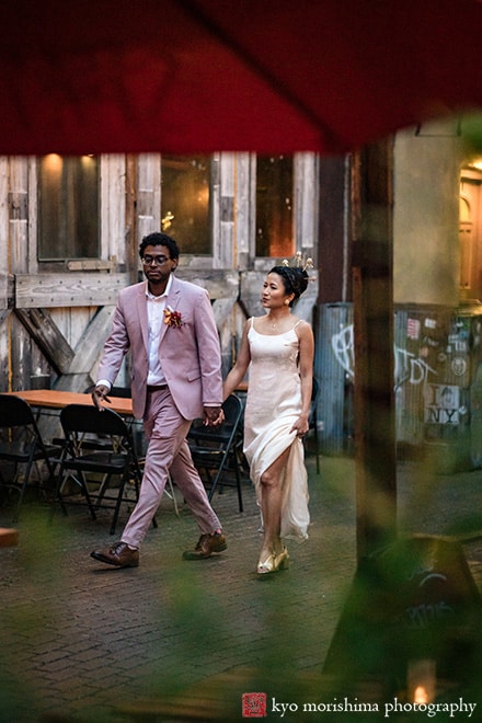 multiracial couple Brooklyn NYC wedding, Midnights Bar bride and groom street portrait night