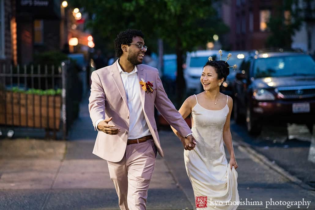 multiracial couple Brooklyn NYC wedding, Midnights Bar newlyweds street portrait night