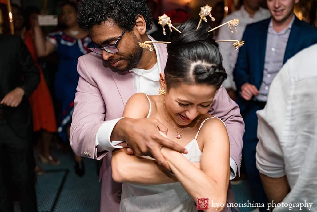 multiracial couple Brooklyn NYC wedding, Midnights Bar newlyweds dancing