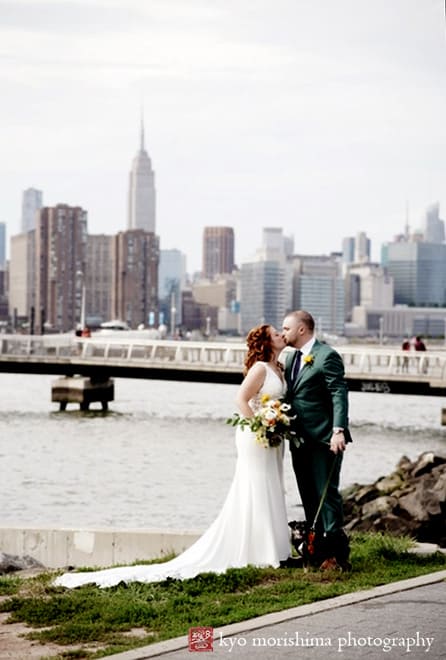 Greenpoint Loft Brooklyn, NYC, Events by Sheavonne, Kleinfeld’s, Essence of Austrailia, summer wedding, Kyo Morishima Photography, dog, pet, outdoor portrait, bride and groom, Empire State Building, kiss