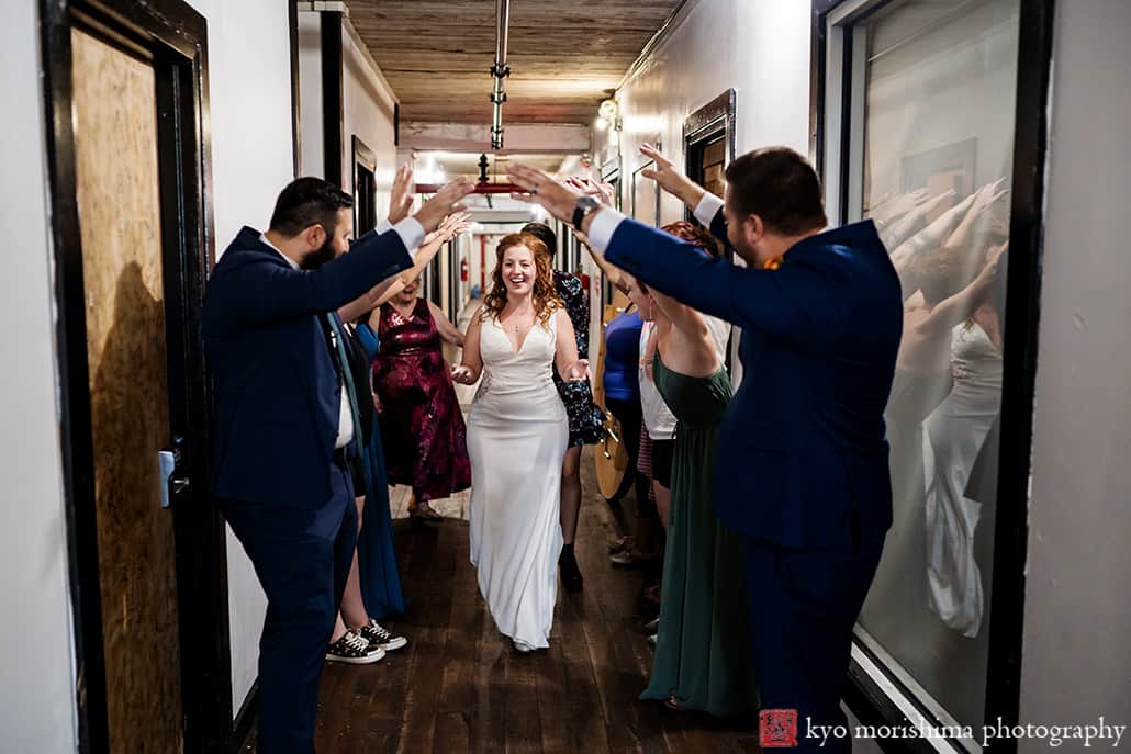 Greenpoint Loft Brooklyn, NYC, skyline warehouse rustic wedding Empire State Building outdoor wedding portrait bride and groom newlyweds first look getting ready bridal party made of honor groomsmen best man