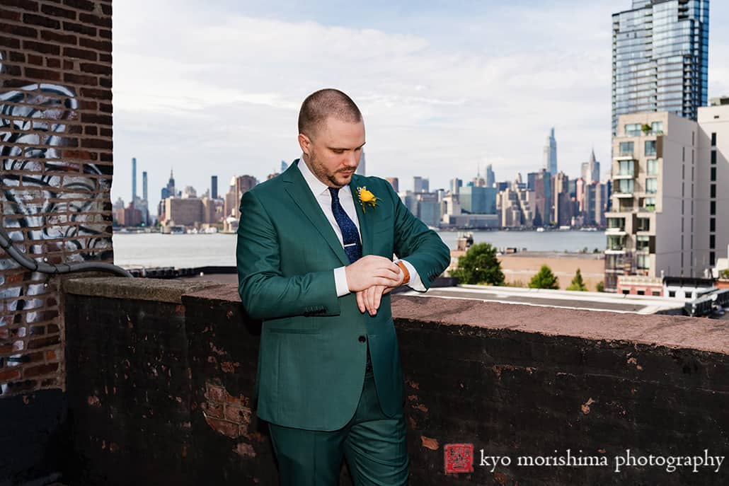 Greenpoint Loft Brooklyn, NYC, skyline warehouse rustic wedding Empire State Building outdoor wedding portrait bride and groom newlyweds first look getting ready
