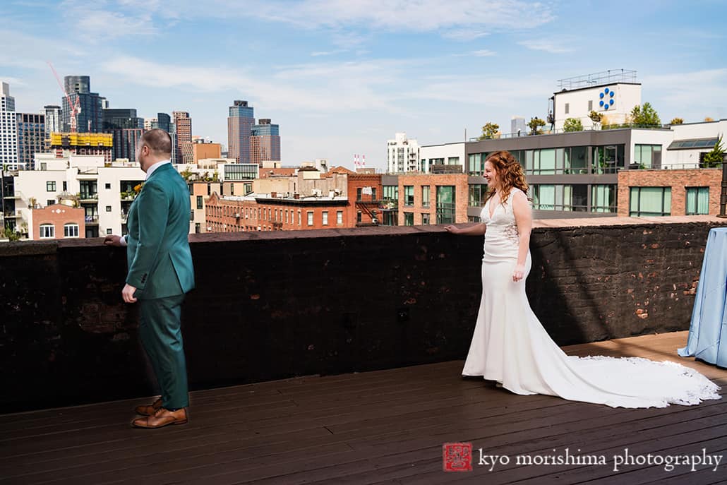 Greenpoint Loft Brooklyn, NYC, skyline warehouse rustic wedding Empire State Building outdoor wedding portrait bride and groom newlyweds first look