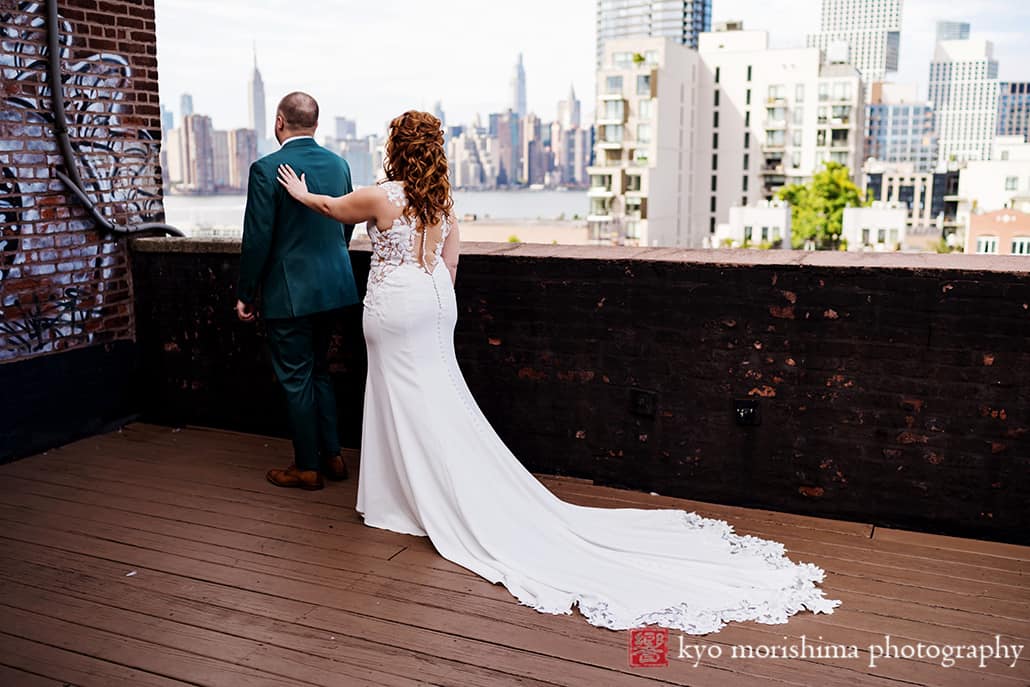 Greenpoint Loft Brooklyn, NYC, skyline warehouse rustic wedding Empire State Building outdoor wedding portrait bride and groom newlyweds first look