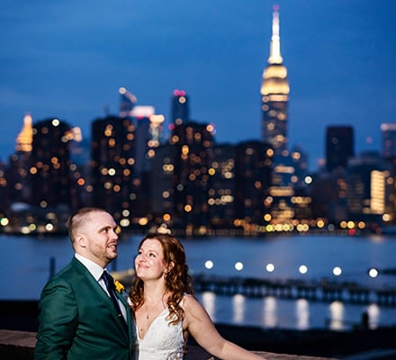 Greenpoint Loft Brooklyn, NYC, skyline warehouse rustic wedding Empire State Building night outdoor wedding portrait bride and groom newlyweds