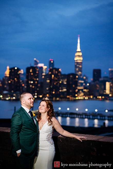 Greenpoint Loft Brooklyn, NYC, skyline warehouse rustic wedding Empire State Building night outdoor wedding portrait bride and groom newlyweds