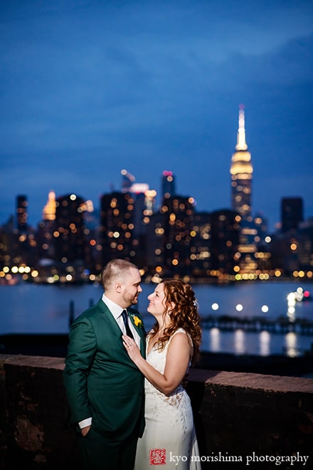 Greenpoint Loft Brooklyn, NYC, skyline warehouse rustic wedding Empire State Building night outdoor wedding portrait bride and groom newlyweds