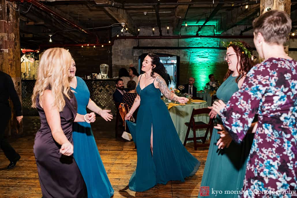 Greenpoint Loft Brooklyn, NYC, warehouse rustic wedding wedding reception guests friends family having fun