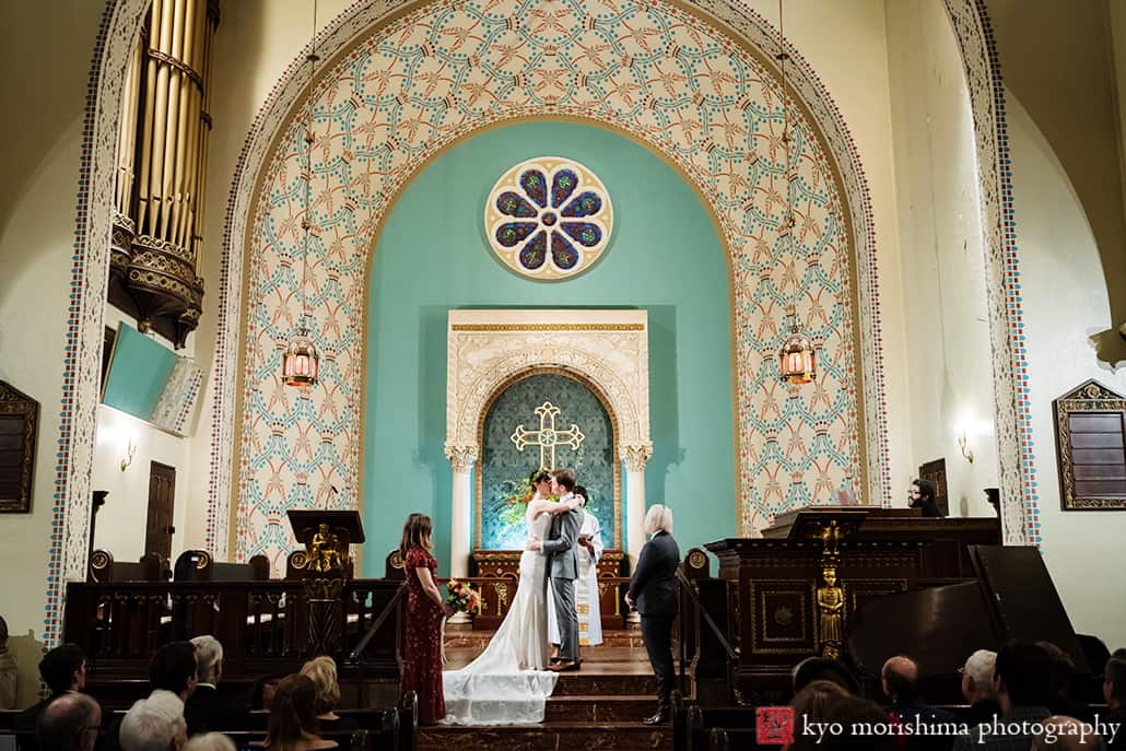 Park Avenue United Methodist Church wedding ceremony bride and groom fall autumn NYC Manhattan kiss