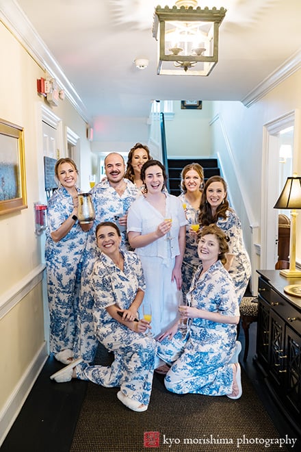 at Fall The Inn at Fernbrook Farm Chesterfield NJ Wedding bride and bridesmaids smiling group picture in pajamas