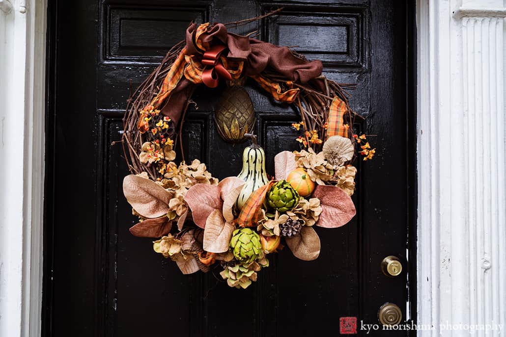 at Fall autumn The Inn at Fernbrook Farm Chesterfield NJ Wedding detail shots of flower wreath on front door