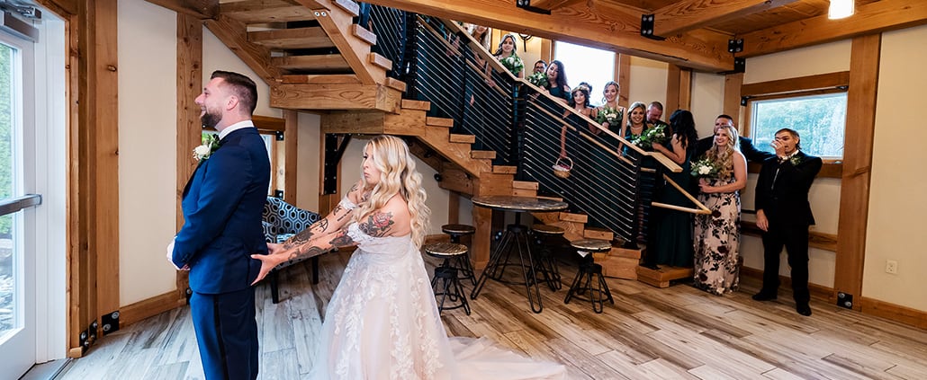 Fall Rock Island Lake Club NJ rainy day wedding first look being silly laughing