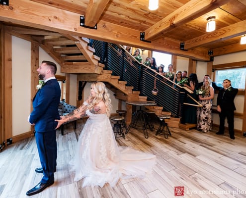 Fall Rock Island Lake Club NJ rainy day wedding first look being silly laughing